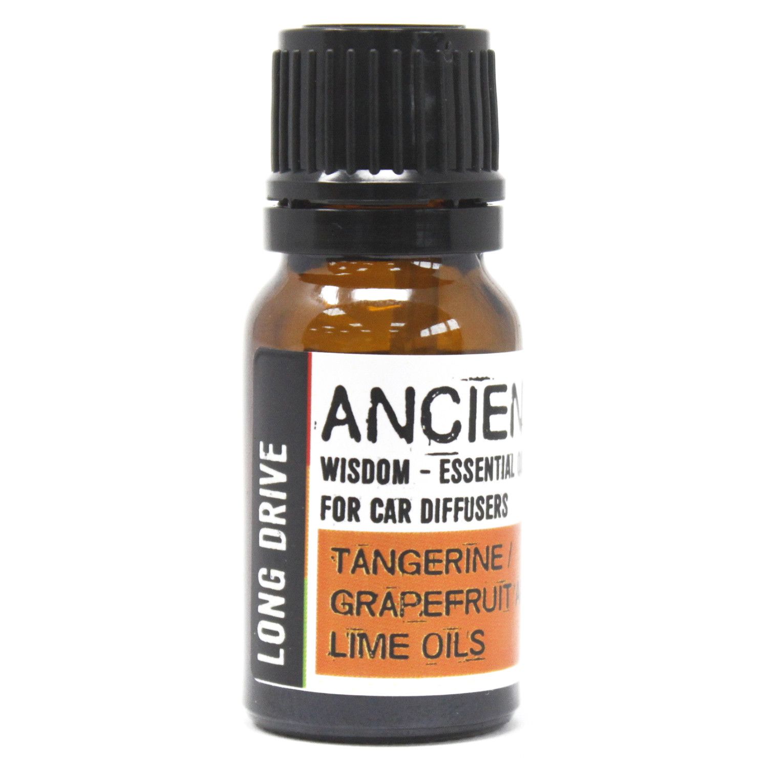 Frasco de aceite esencial para difusor de coche viaje largo 10 ml sobre fondo blanco