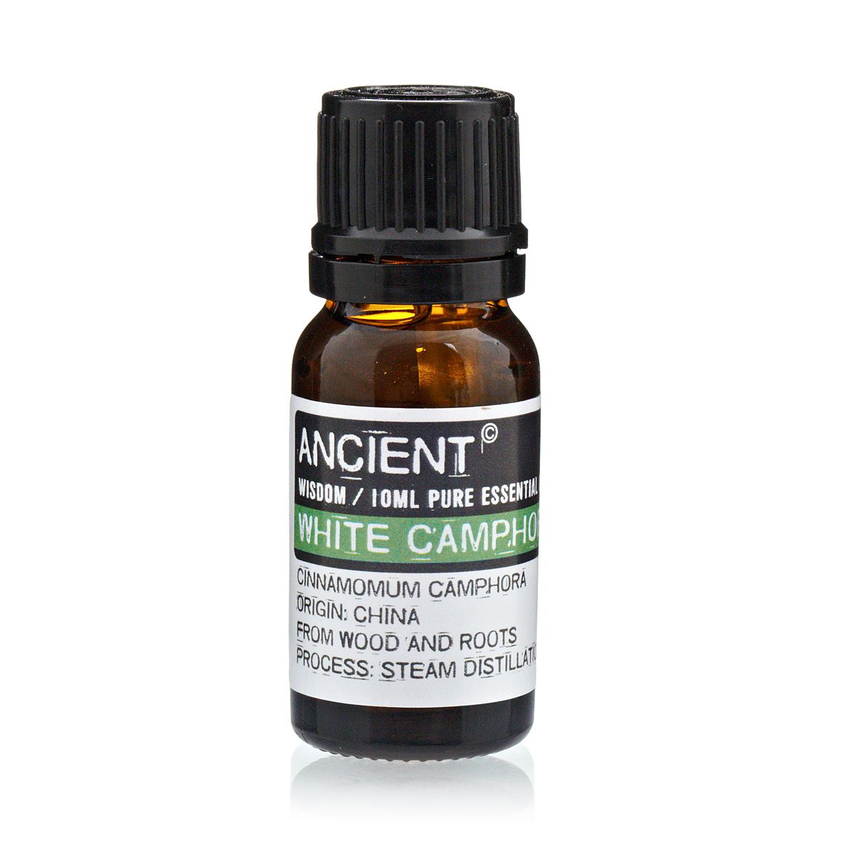 Frasco de aceite esencial de alcanfor blanco 10 ml sobre fondo blanco.