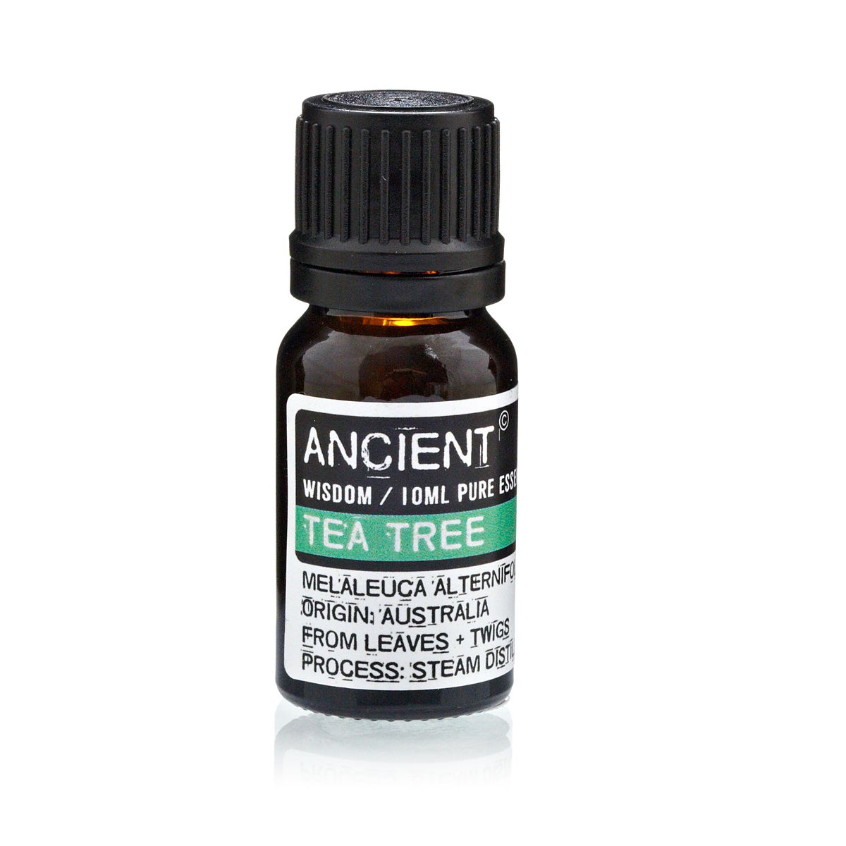 Frasco de aceite esencial de árbol de té sobre fondo blanco