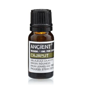 Frasco de aceite esencial de cajaput 10 ml sobre fondo blanco.