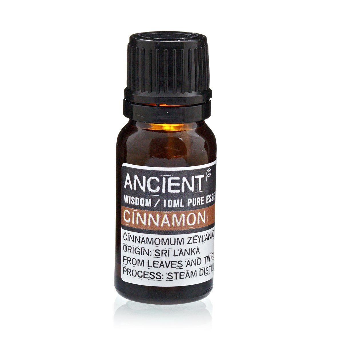 Frasco de aceite esencial de canela 10 ml sobre fondo blanco.