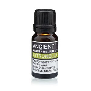 Frasco de aceite esencial de citronela 10 ml sobre fondo blanco.