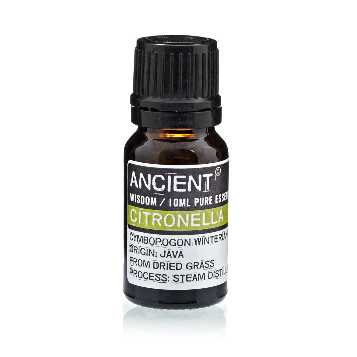 Frasco de aceite esencial de citronela 10 ml sobre fondo blanco.