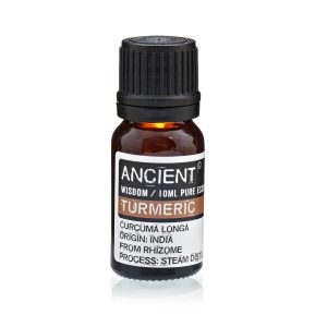 Frasco de aceite esencial de cúrcuma 10 ml sobre fondo blanco.