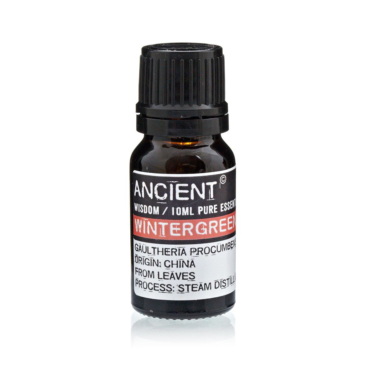 Frasco de aceite esencial de gaulteria 10 ml sobre fondo blanco