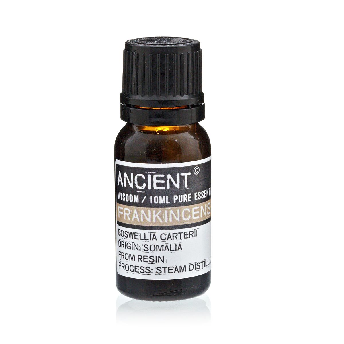 Frasco de aceite esencial de incienso puro 10 ml sobre fondo blanco.