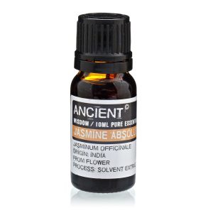 Frasco de aceite esencial de jazmín absoluto 10 ml sobre fondo blanco.