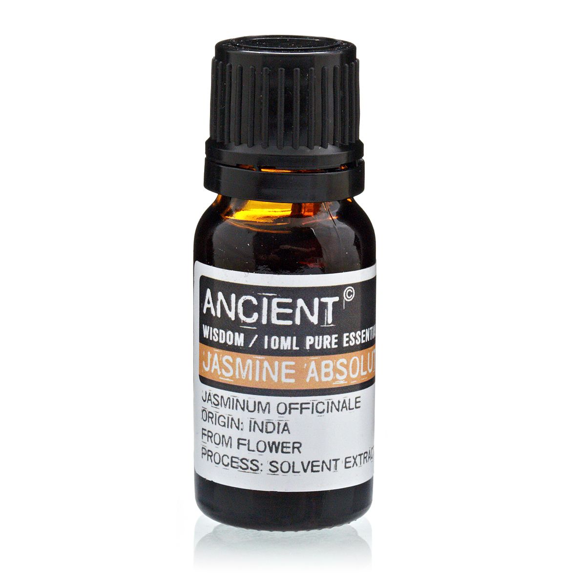 Frasco de aceite esencial de jazmín absoluto 10 ml sobre fondo blanco.