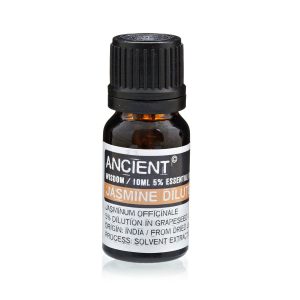 Frasco de aceite esencial de jazmín diluido 10 ml sobre fondo blanco.