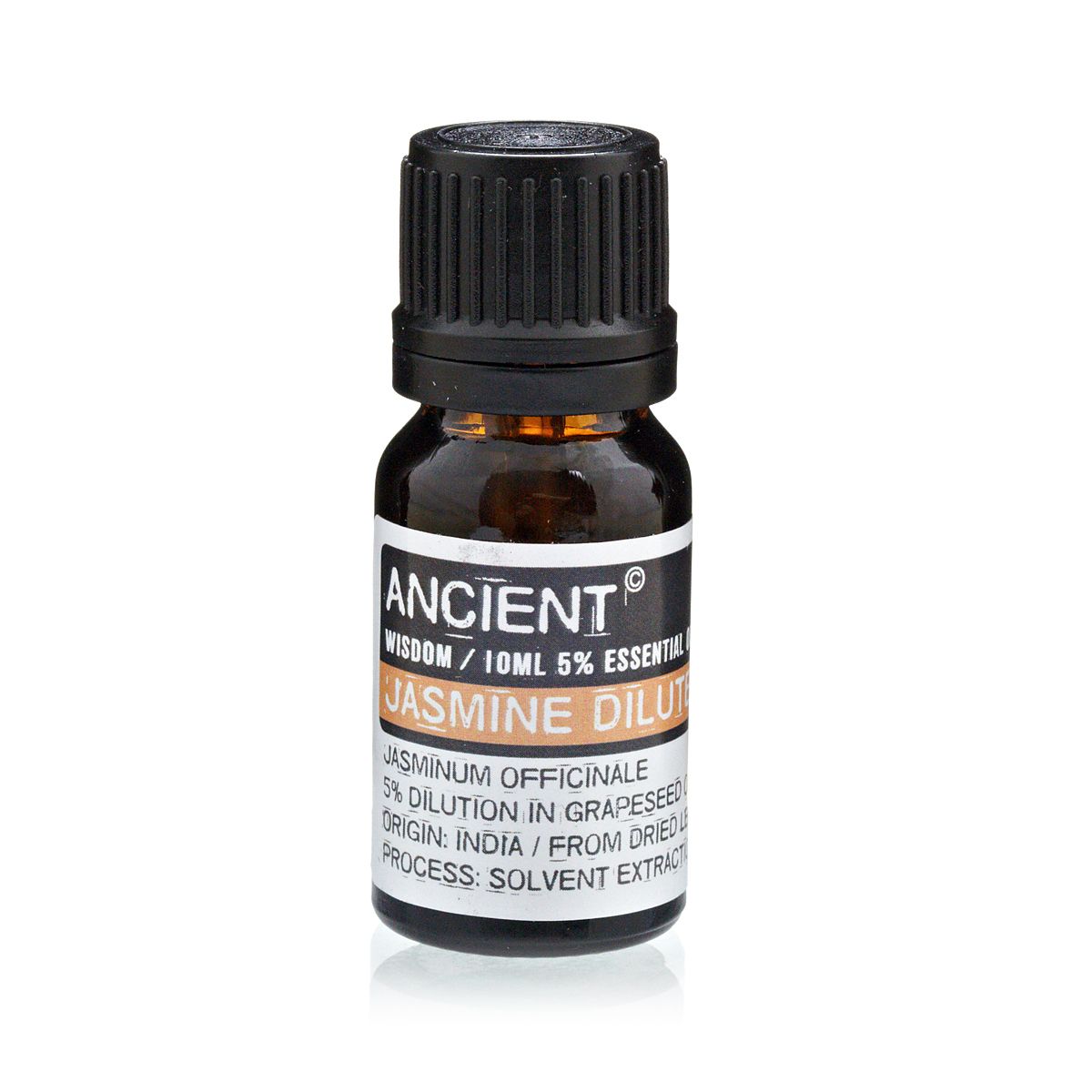Frasco de aceite esencial de jazmín diluido 10 ml sobre fondo blanco.
