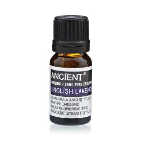 Frasco de aceite esencial de lavanda inglesa 10 ml sobre fondo blanco