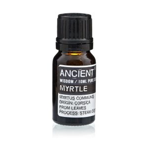 Frasco de aceite esencial de mirto 10 ml sobre fondo blanco.