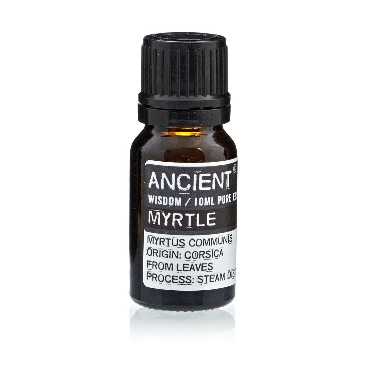 Frasco de aceite esencial de mirto 10 ml sobre fondo blanco.