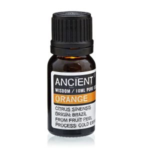 Frasco de aceite esencial de naranja sobre fondo blanco
