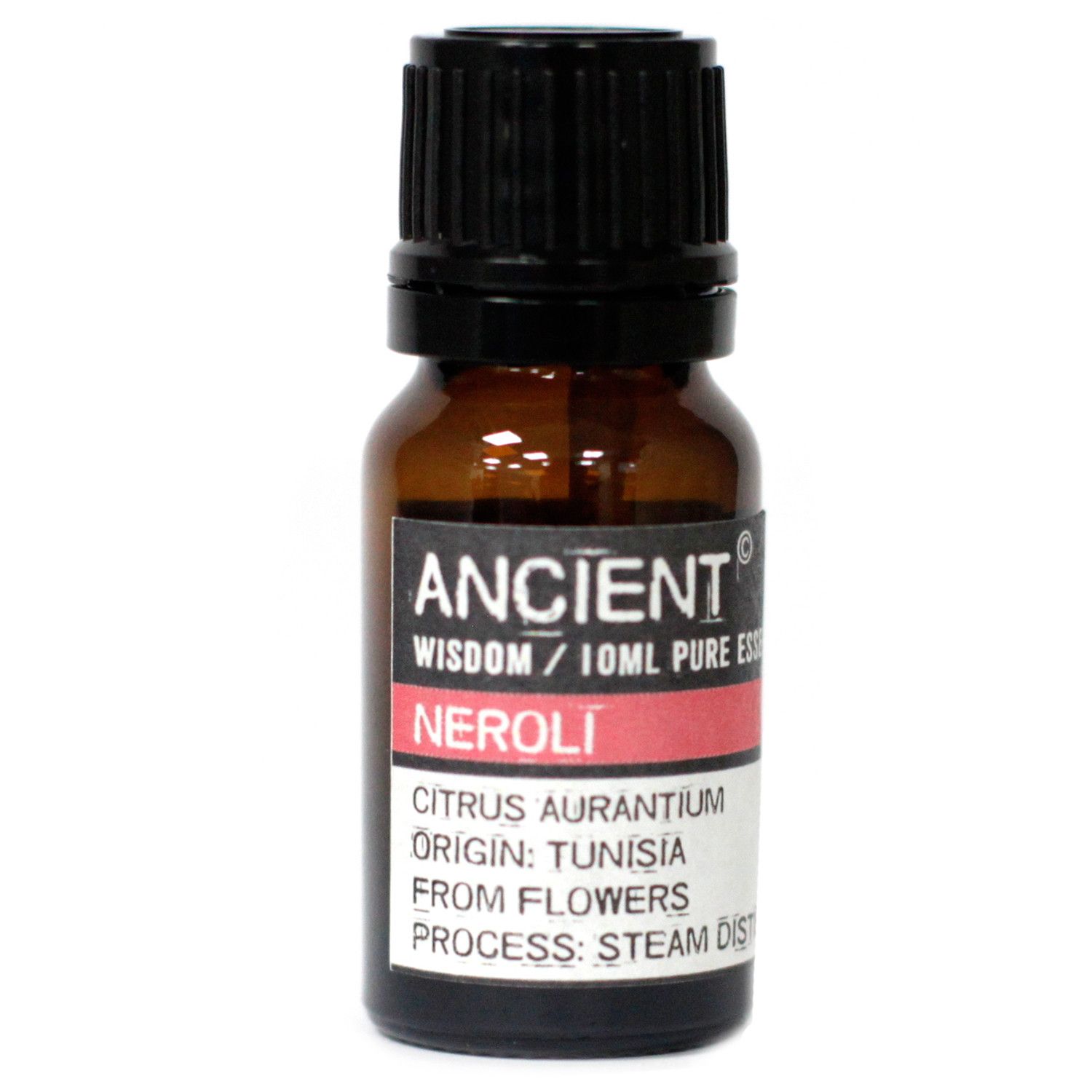 Frasco de aceite esencial de neroli puro sobre fondo blanco