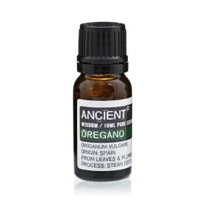 Frasco de aceite esencial de orégano 10 ml sobre fondo blanco