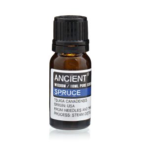 Frasco de aceite esencial de picea sobre fondo blanco