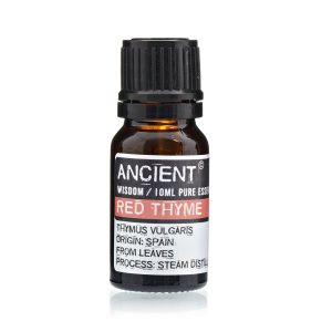 Frasco de aceite esencial de tomillo rojo 10 ml sobre fondo blanco