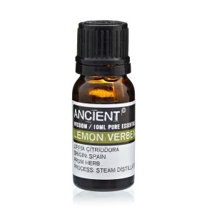 Frasco de aceite esencial de verbena de limón sobre fondo blanco