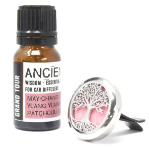 Frasco de aceite esencial para difusor de coche junto a un difusor circular sobre fondo blanco