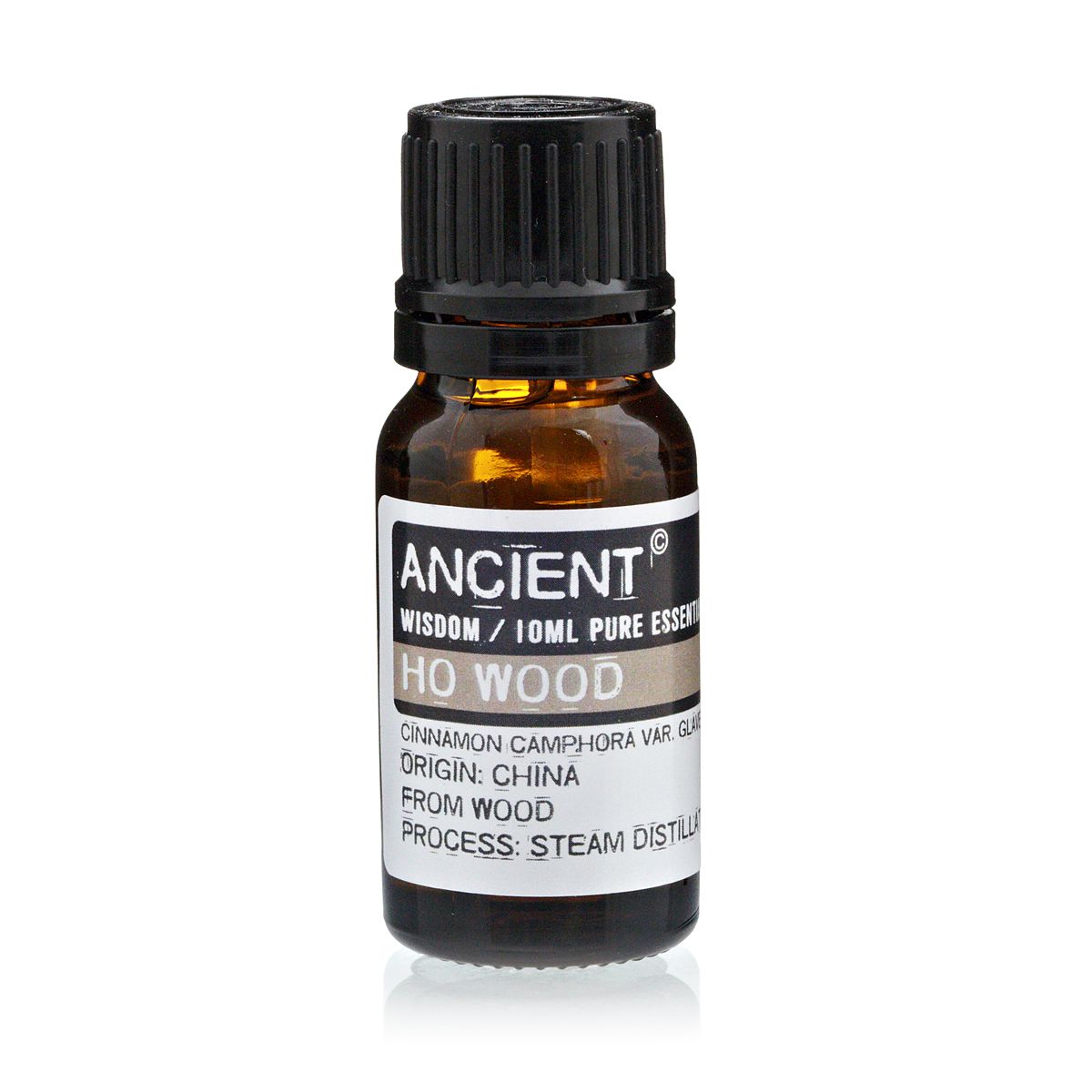Frasco de aceite esencial ho wood 10 ml sobre fondo blanco.