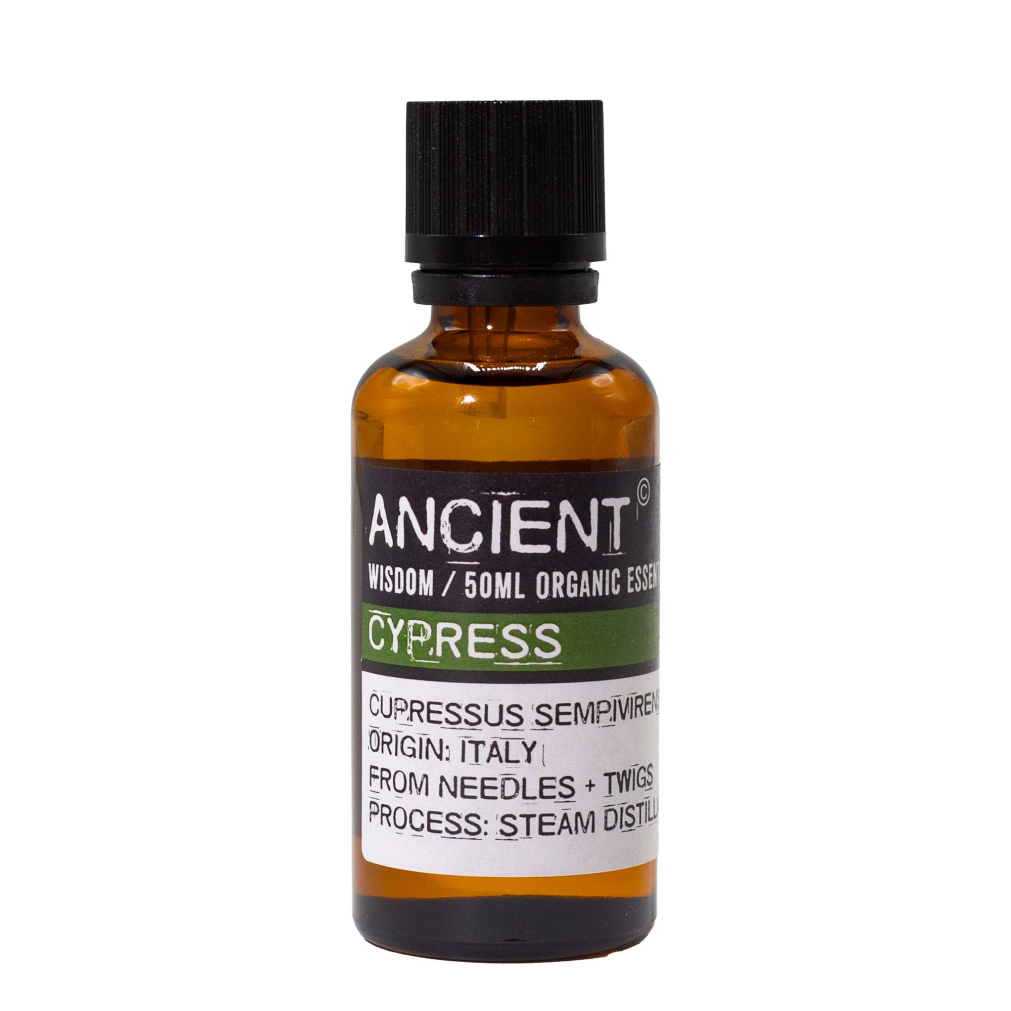 Frasco de aceite esencial orgánico de ciprés 50 ml sobre fondo blanco.