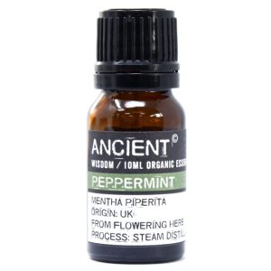 Frasco de aceite esencial orgánico de menta sobre fondo blanco