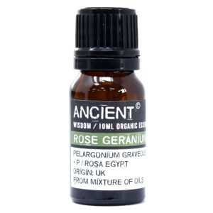Frasco de aceite esencial orgánico de rosa geranio sobre fondo blanco