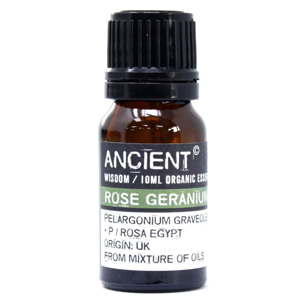 Frasco de aceite esencial orgánico de rosa geranio sobre fondo blanco