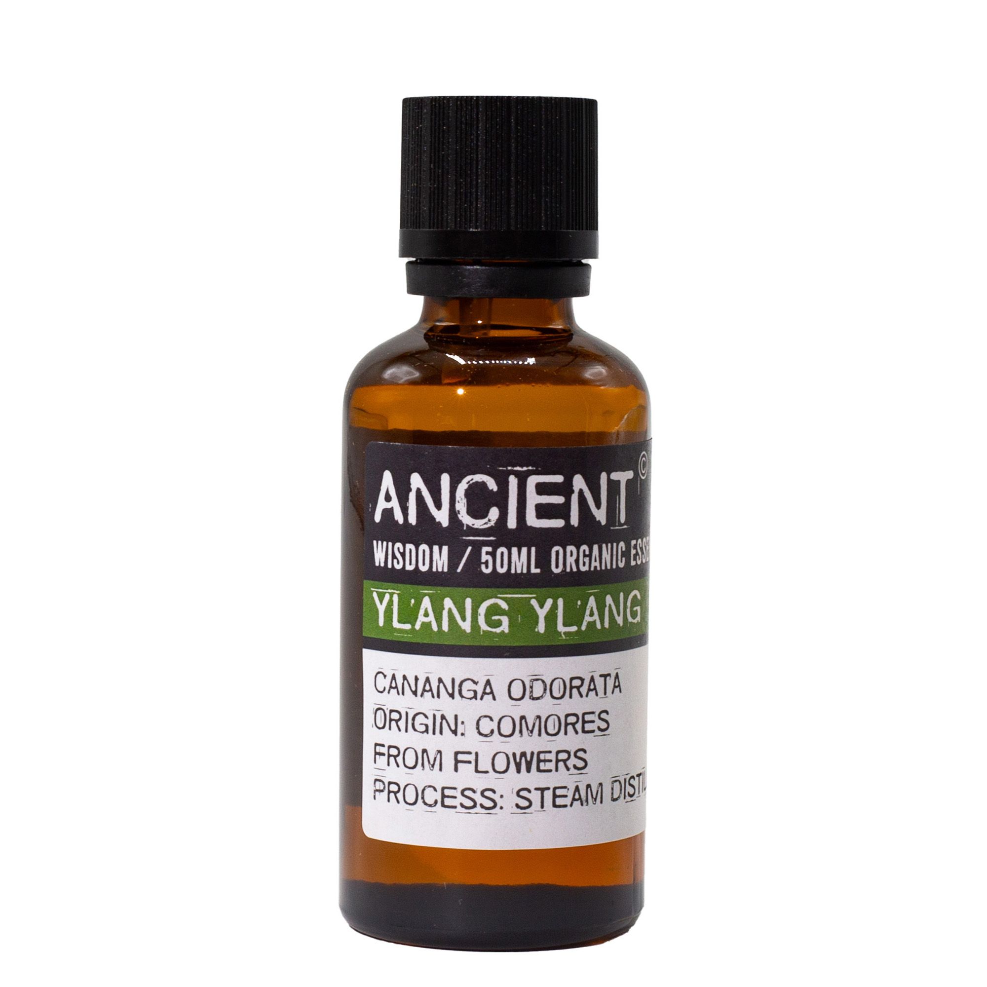 Frasco de aceite esencial orgánico de ylang ylang 50 ml sobre fondo