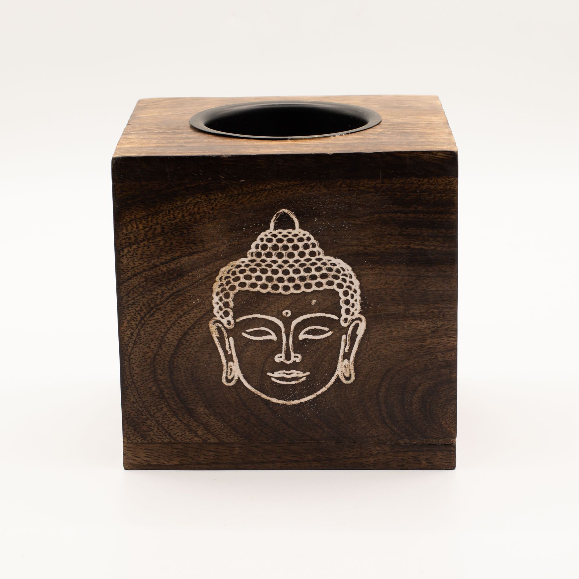Gran quemador de aceite de madera de mango cuadrado - Cara de Buda - Imagen 2
