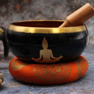 Juego de Cuenco Tibetano Lrg - Buda - Negro/Naranja 14cm