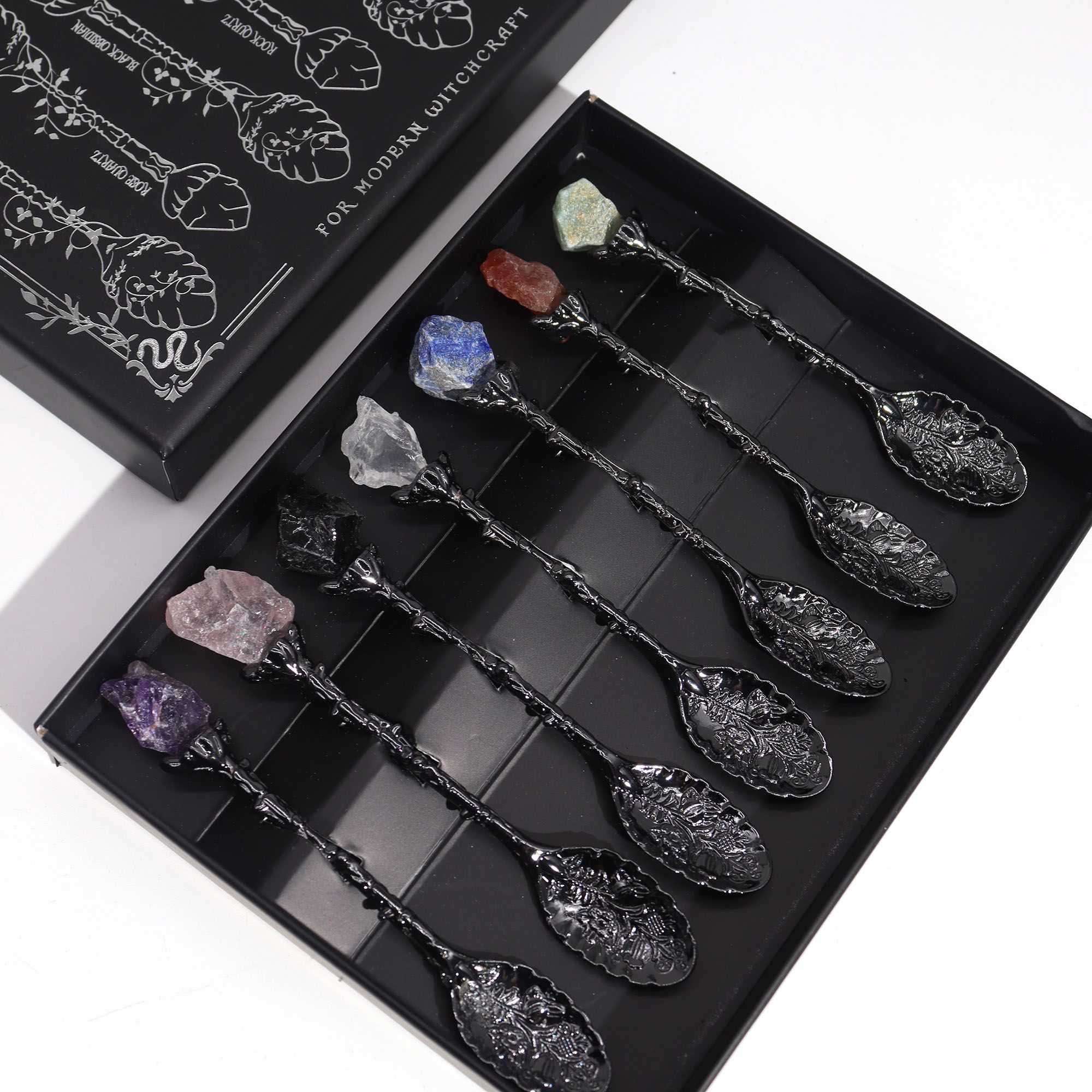 Juego de 7 Cucharas de Bruja de Cristal de Piedra Preciosa de Plata Oscura - Imagen 4