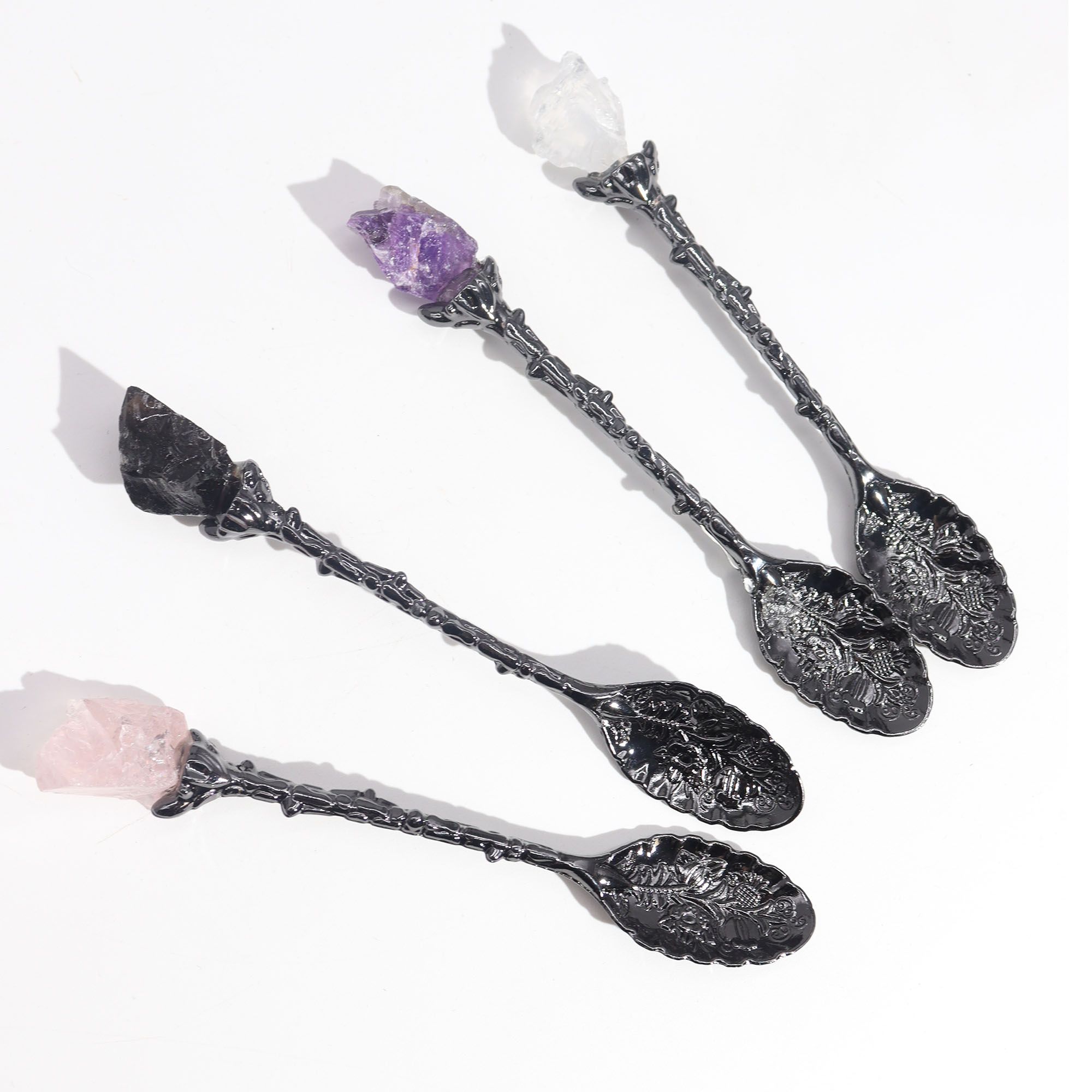 Juego de 7 Cucharas de Bruja de Cristal de Piedra Preciosa de Plata Oscura - Imagen 3
