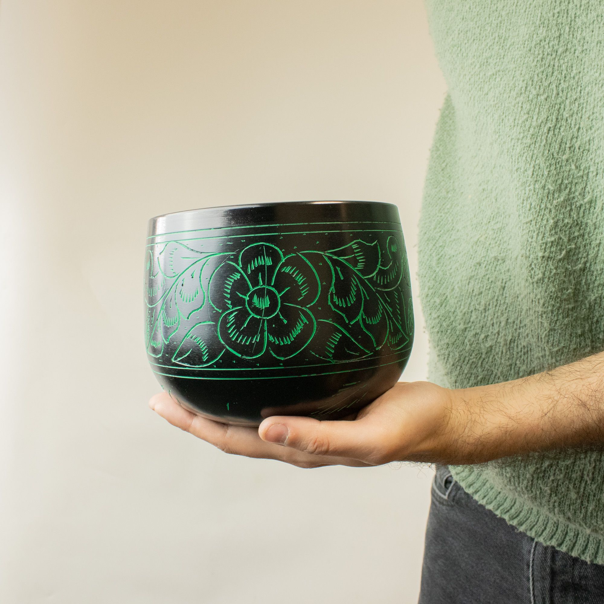Cuenco tibetano de caldero - Hongo mágico - Verde (15cm) - Imagen 4