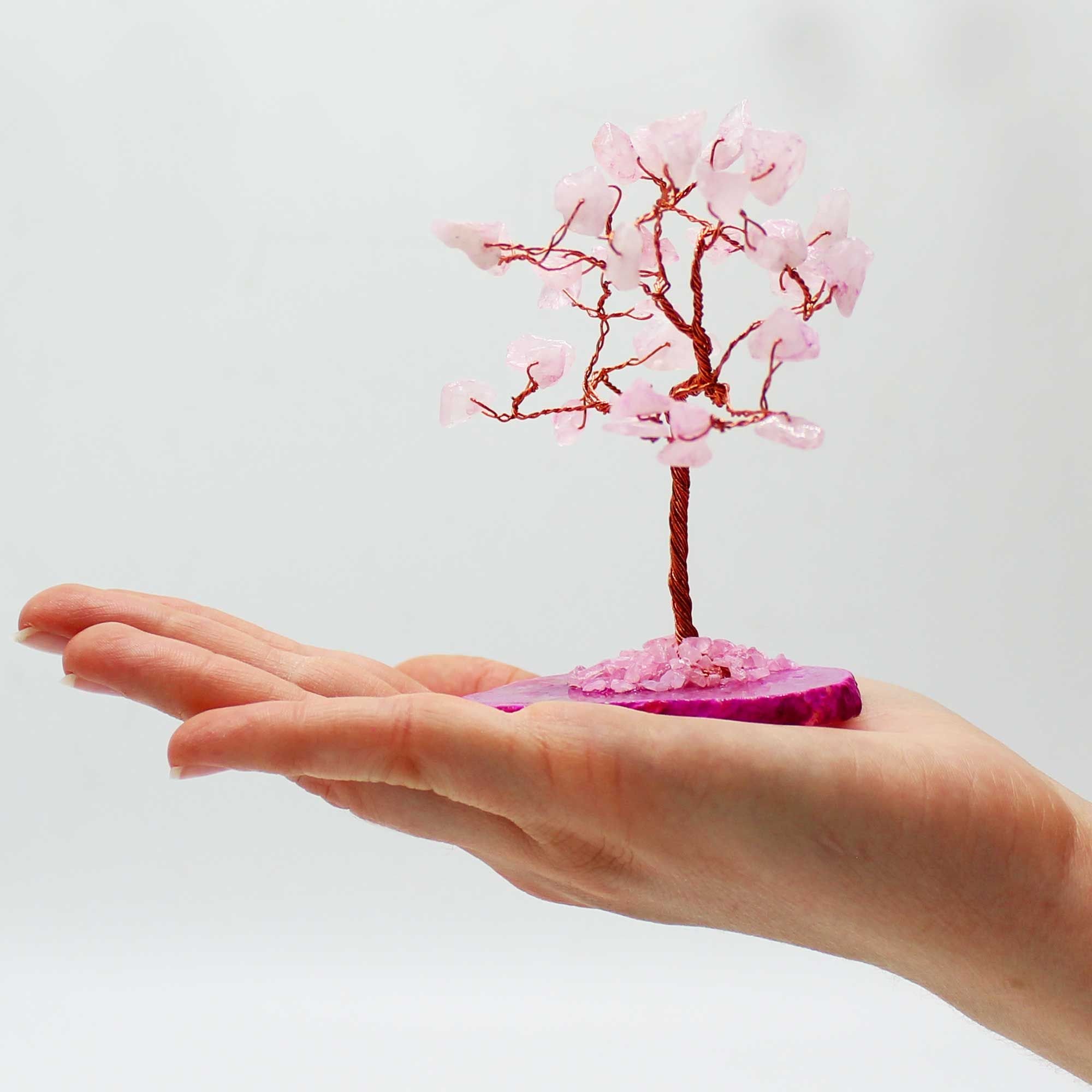 Árbol de piedras preciosas: Cuarzo rosa sobre base de ágata rosa (35 piedras) - Imagen 3