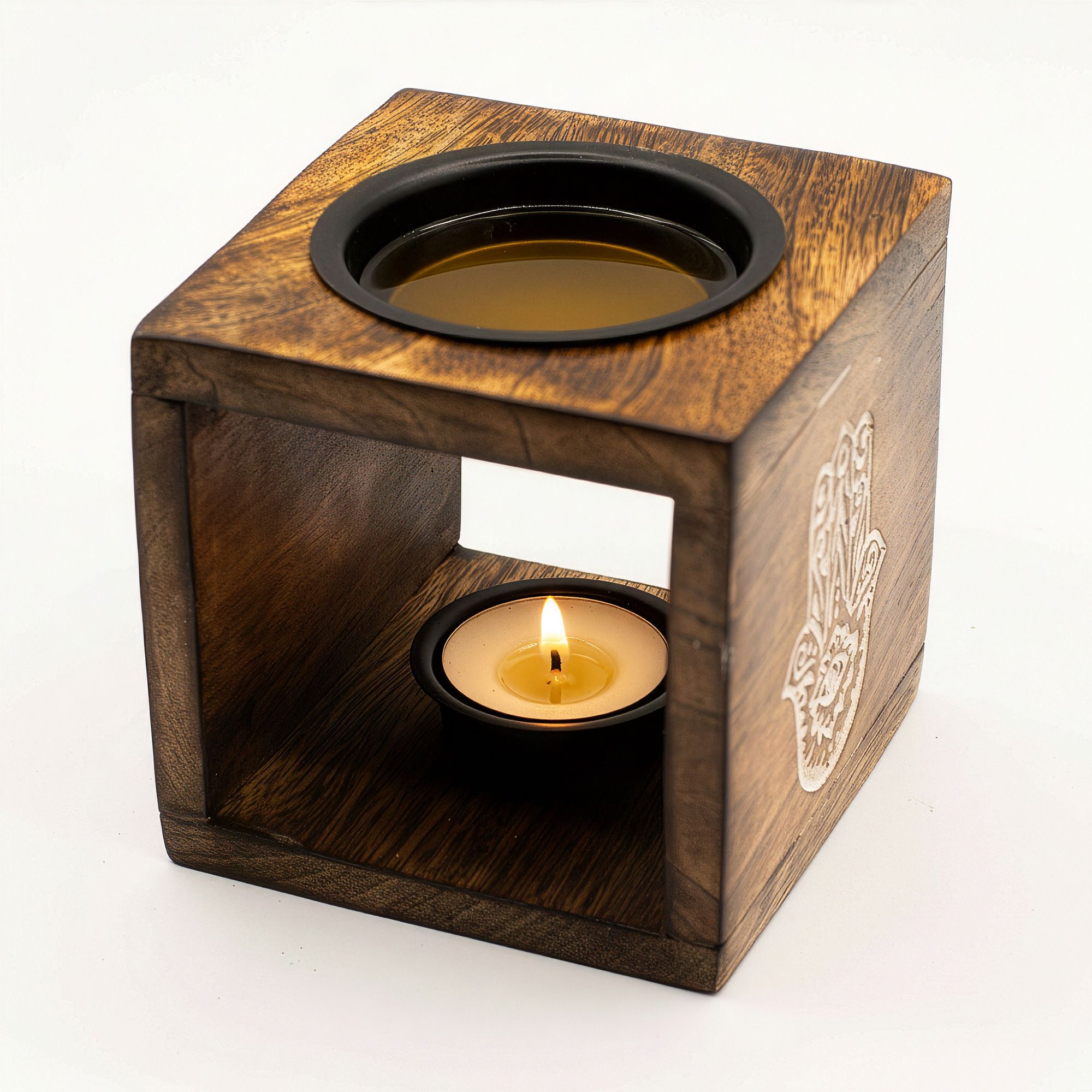 Quemador de aceite de madera de mango cuadrado - Hamsa - Imagen 5