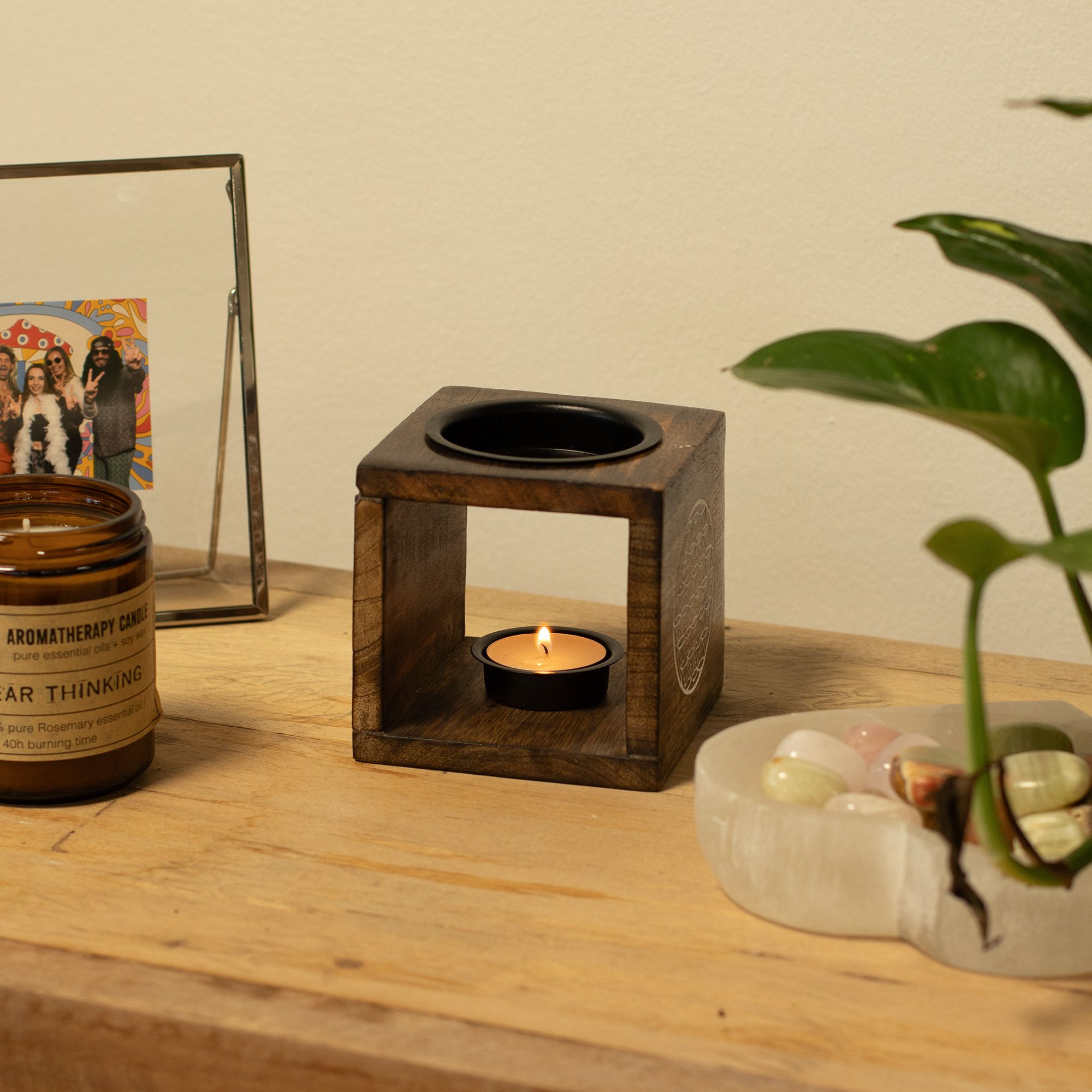 Quemador de aceite de madera de mango cuadrado - Hamsa - Imagen 3