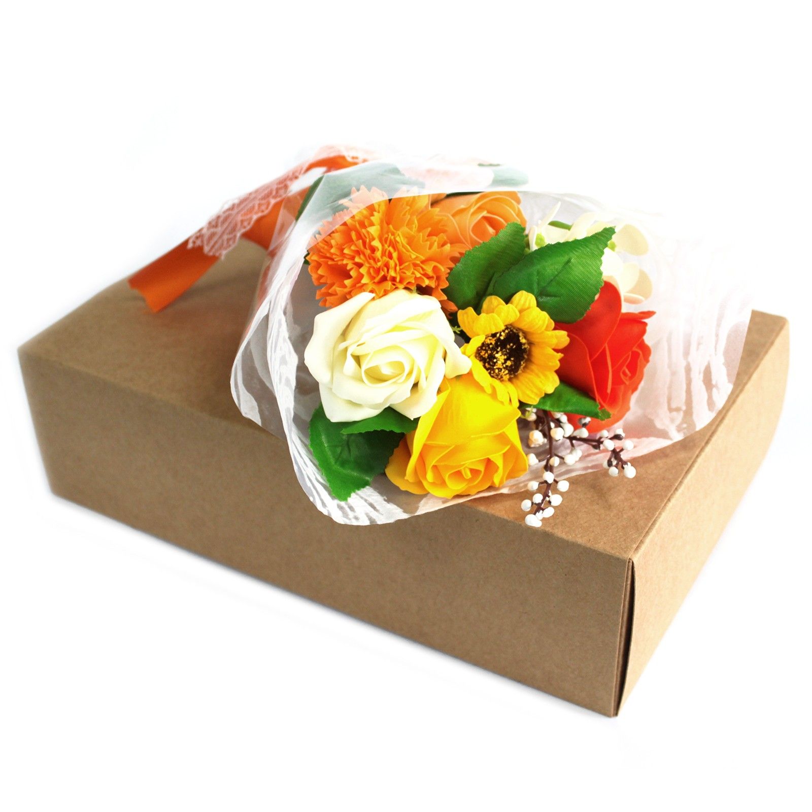 Bouquet flores jabón en caja - naranja - Imagen 3