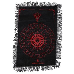 Tela de Adivinación con Péndulo de Bruja Antigua - Rostro del Sol - Negro y Rojo Sangriento