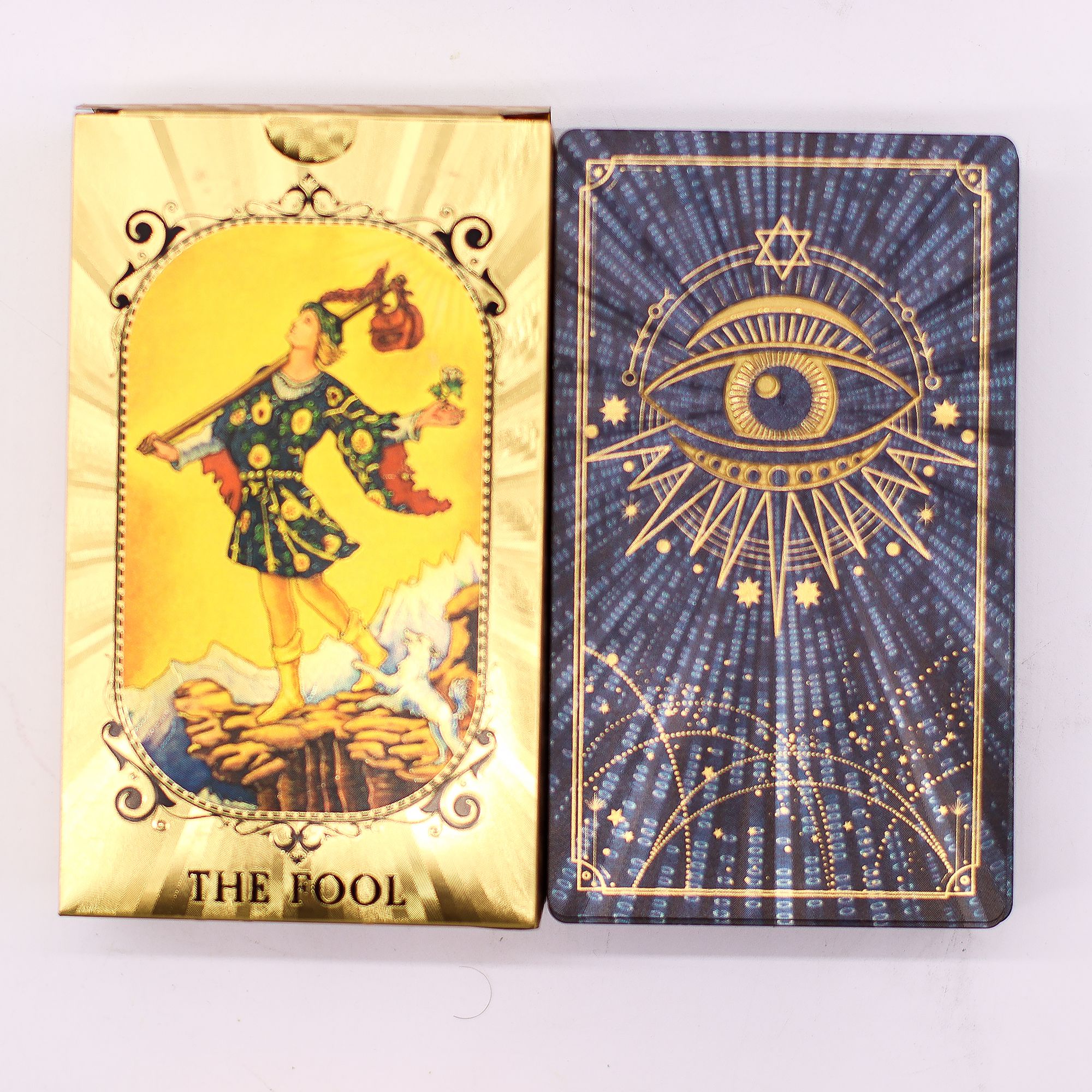 Conjunto de cartas de tarot con foil azul y dorado - Ojo que todo lo ve - con folleto - Imagen 3