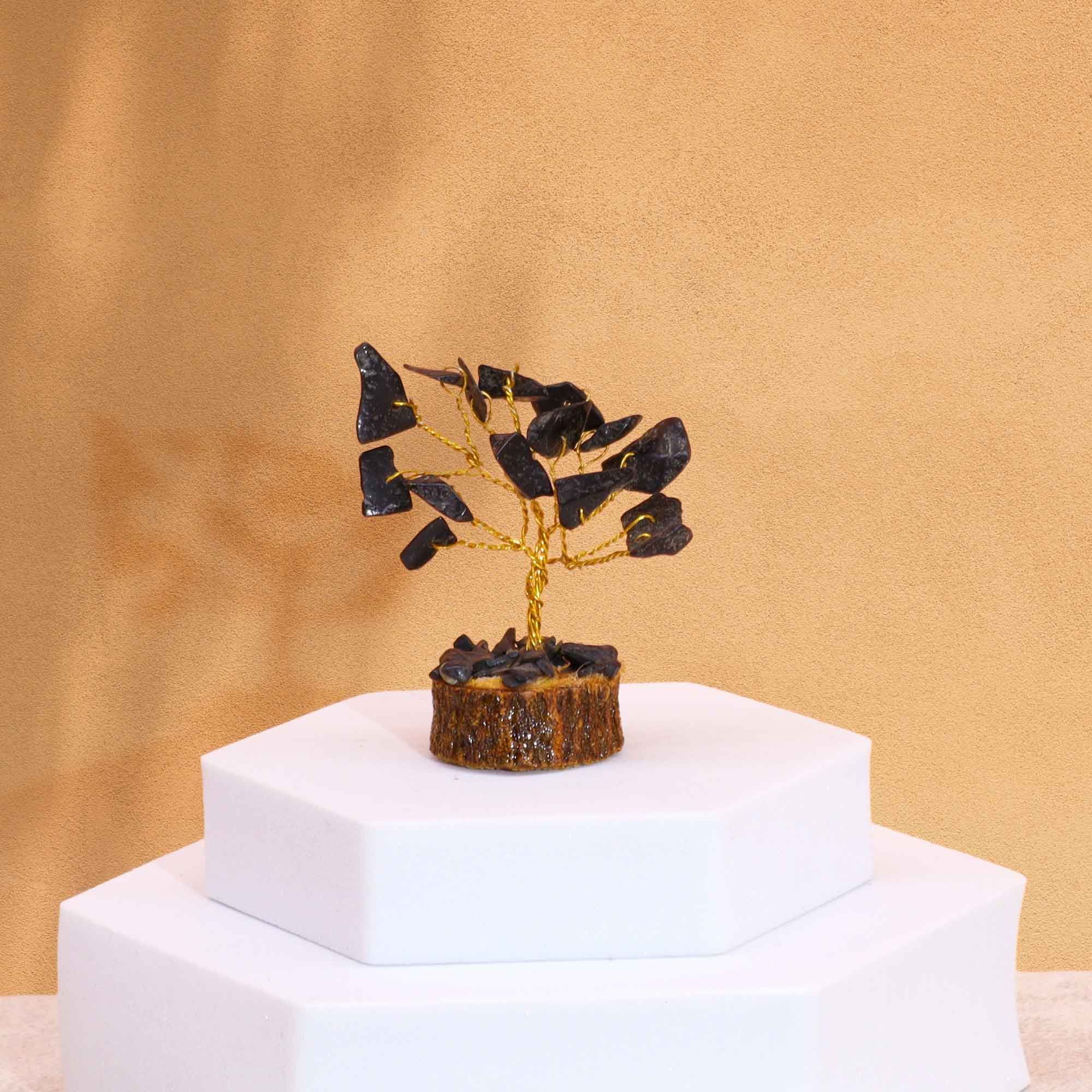 Mini árbol de piedras preciosas sobre base de madera - Ágata negra (15 piedras) - Imagen 4