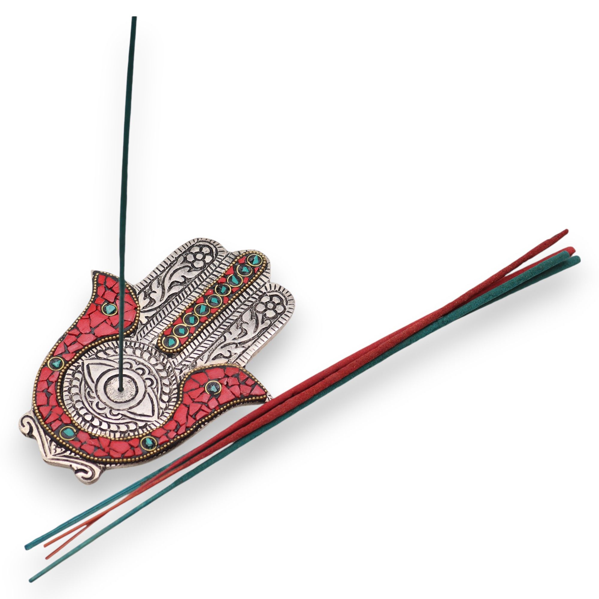 Porta-incienso Hamsa Rojo y Verde Pequeño 13x5.5cm - Imagen 3