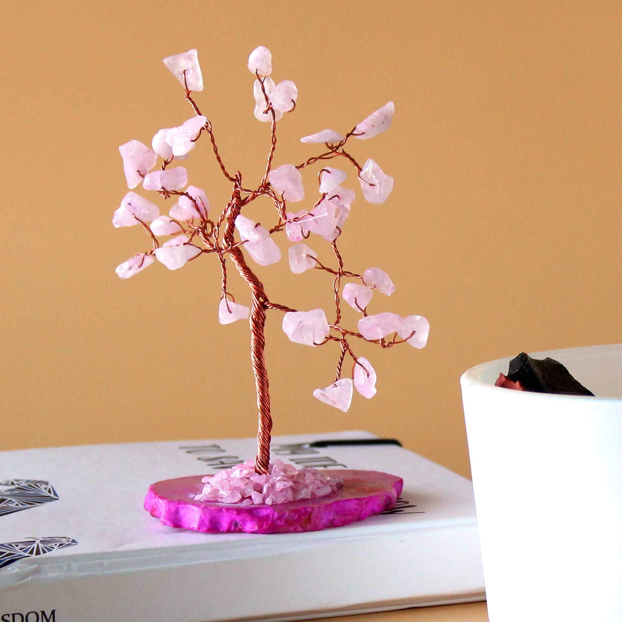 Árbol de piedras preciosas: Cuarzo rosa sobre base de ágata rosa (35 piedras) - Imagen 2
