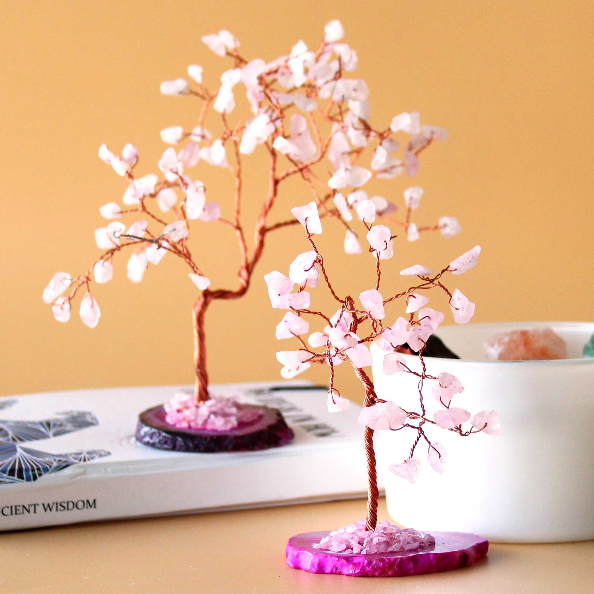 Árbol de piedras preciosas: Cuarzo rosa sobre base de ágata rosa (35 piedras) - Imagen 4