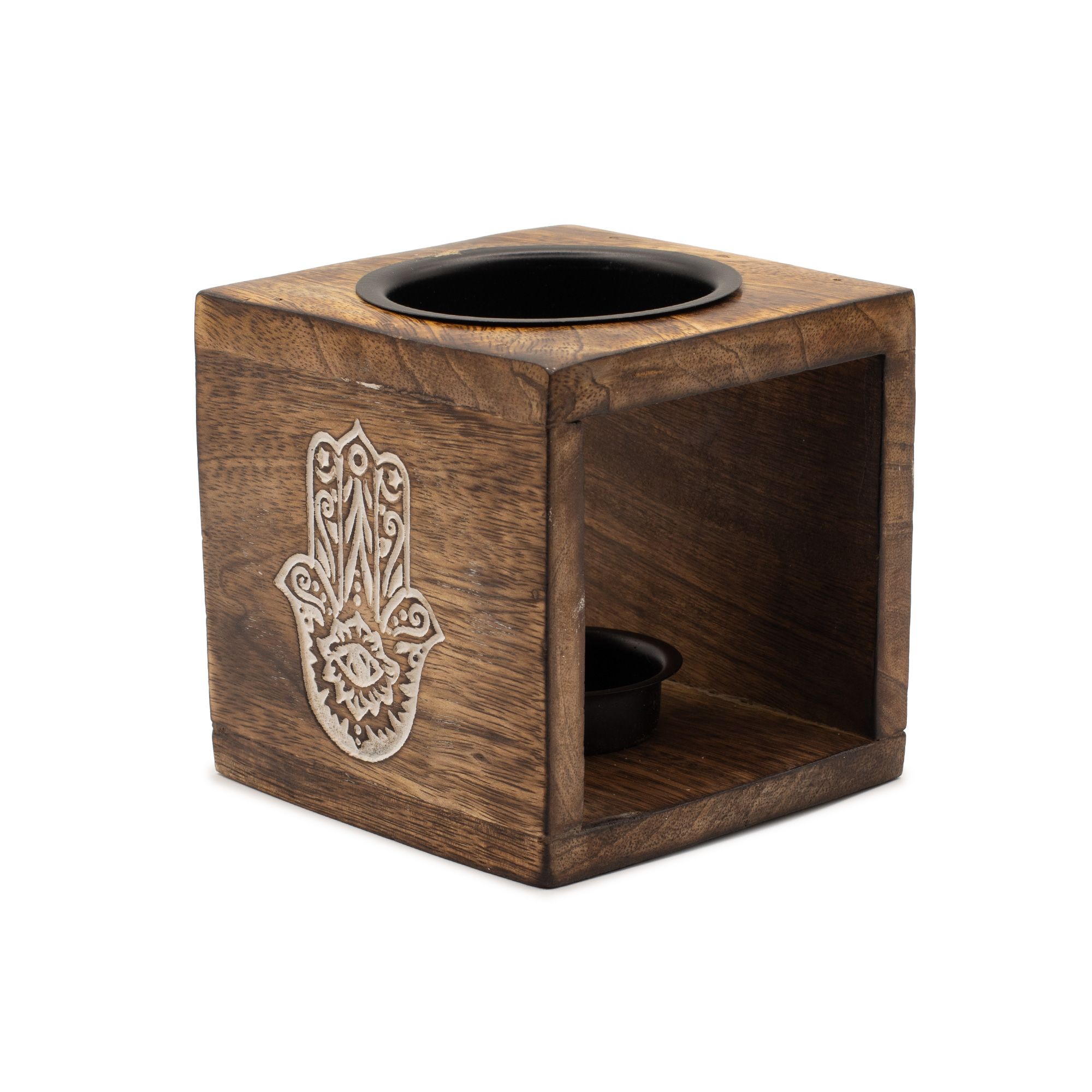 Quemador de aceite de madera de mango cuadrado - Hamsa - Imagen 4