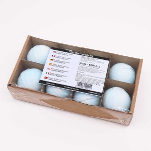Caja abierta con seis bombas de baño de color azul claro correspondiente a bomba de baño lavanda y mejorana.