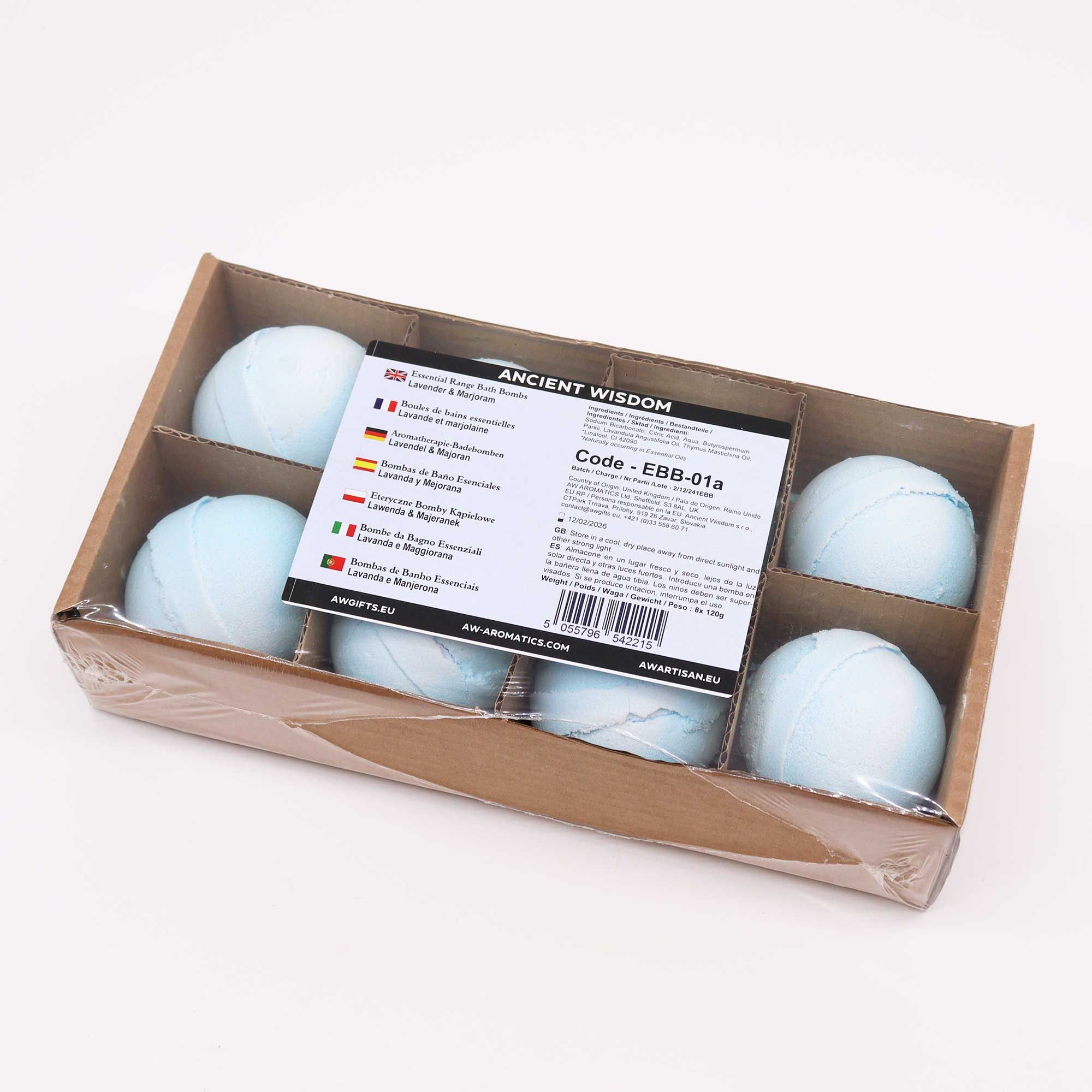 Caja abierta con seis bombas de baño de color azul claro correspondiente a bomba de baño lavanda y mejorana.