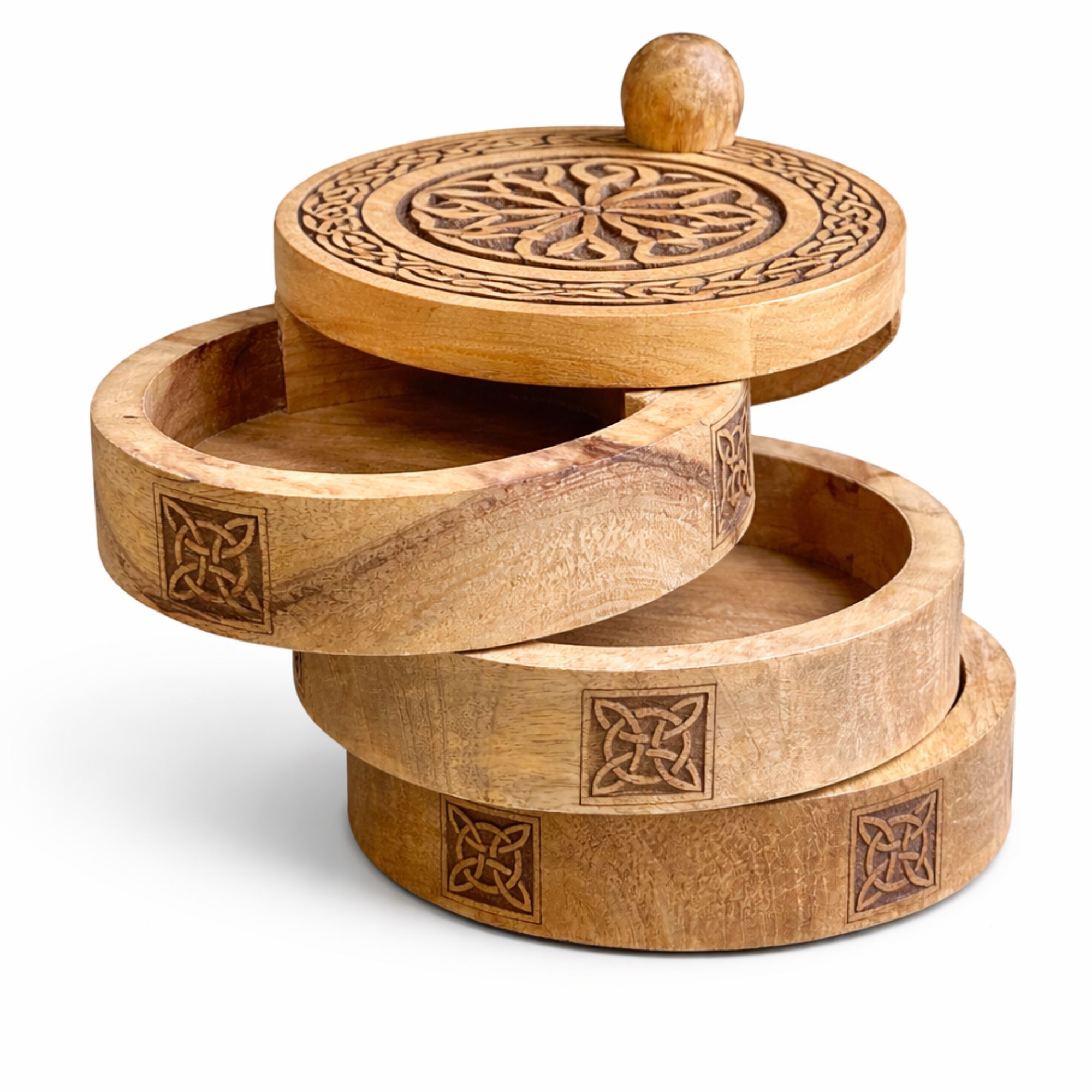 Caja de tarot de madera tallada con tres niveles giratorios y decoración de estilo celta