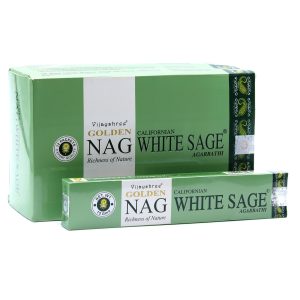 Caja y paquete de incienso Golden Nag White Sage en tonos verde y blanco